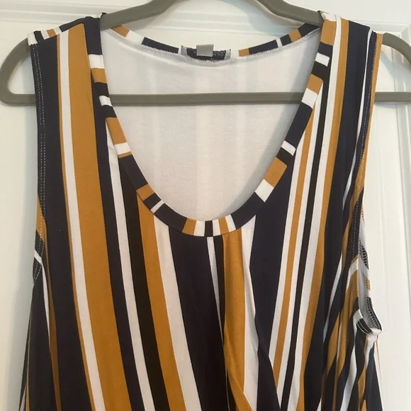 Allison Joy Navy and Gold Stripped Faux Wrap Dress - Picture 2 of 7
